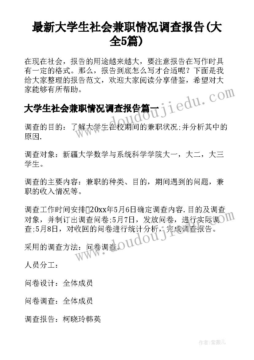 最新大学生社会兼职情况调查报告(大全5篇)