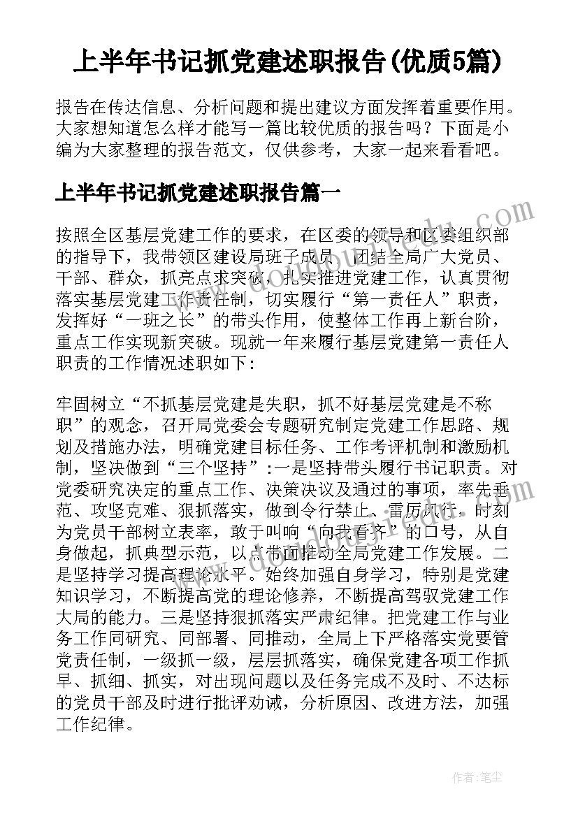 上半年书记抓党建述职报告(优质5篇)