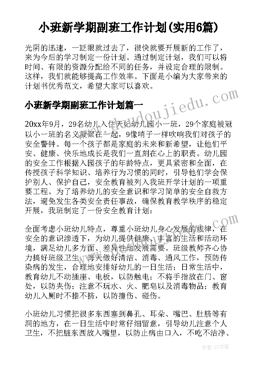 小班新学期副班工作计划(实用6篇)