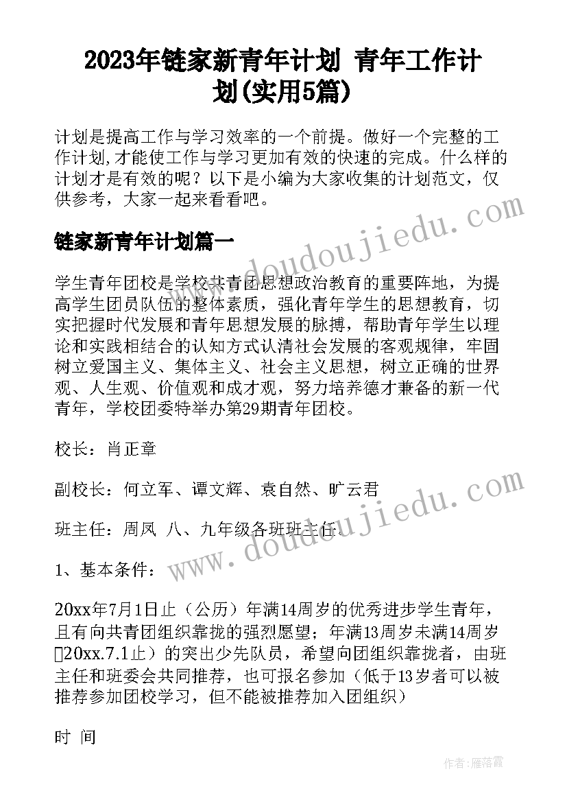 2023年链家新青年计划 青年工作计划(实用5篇)