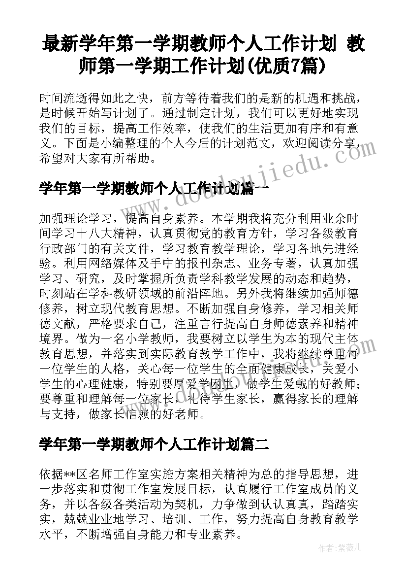 最新学年第一学期教师个人工作计划 教师第一学期工作计划(优质7篇)