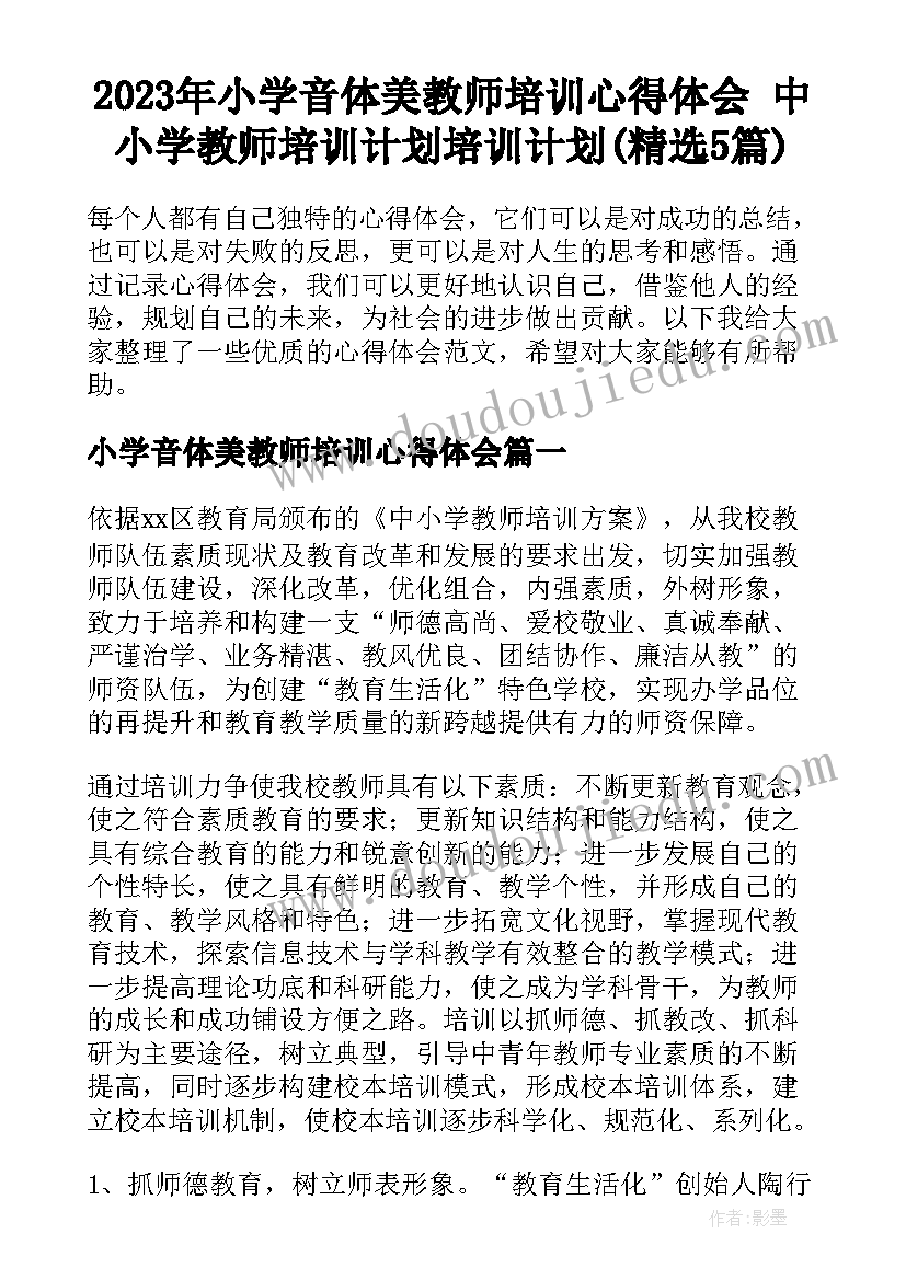 2023年小学音体美教师培训心得体会 中小学教师培训计划培训计划(精选5篇)