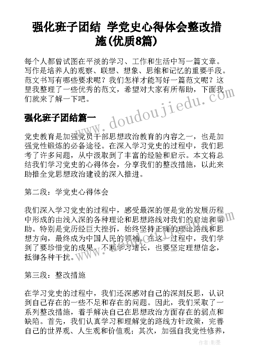 强化班子团结 学党史心得体会整改措施(优质8篇)