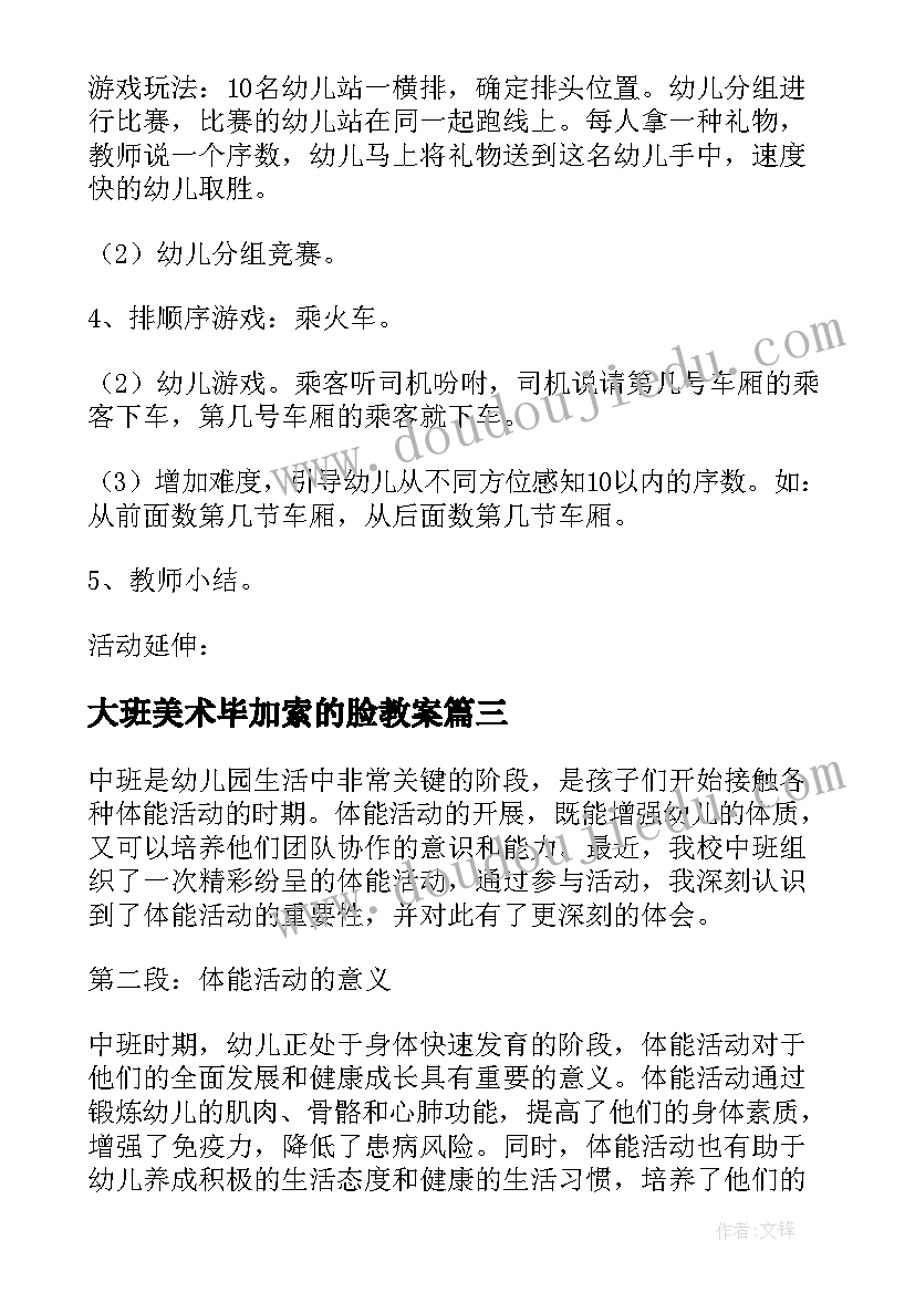 大班美术毕加索的脸教案 中班体能活动心得体会(模板5篇)