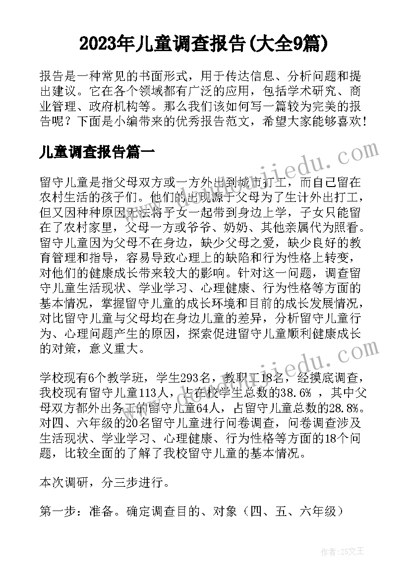 2023年儿童调查报告(大全9篇)