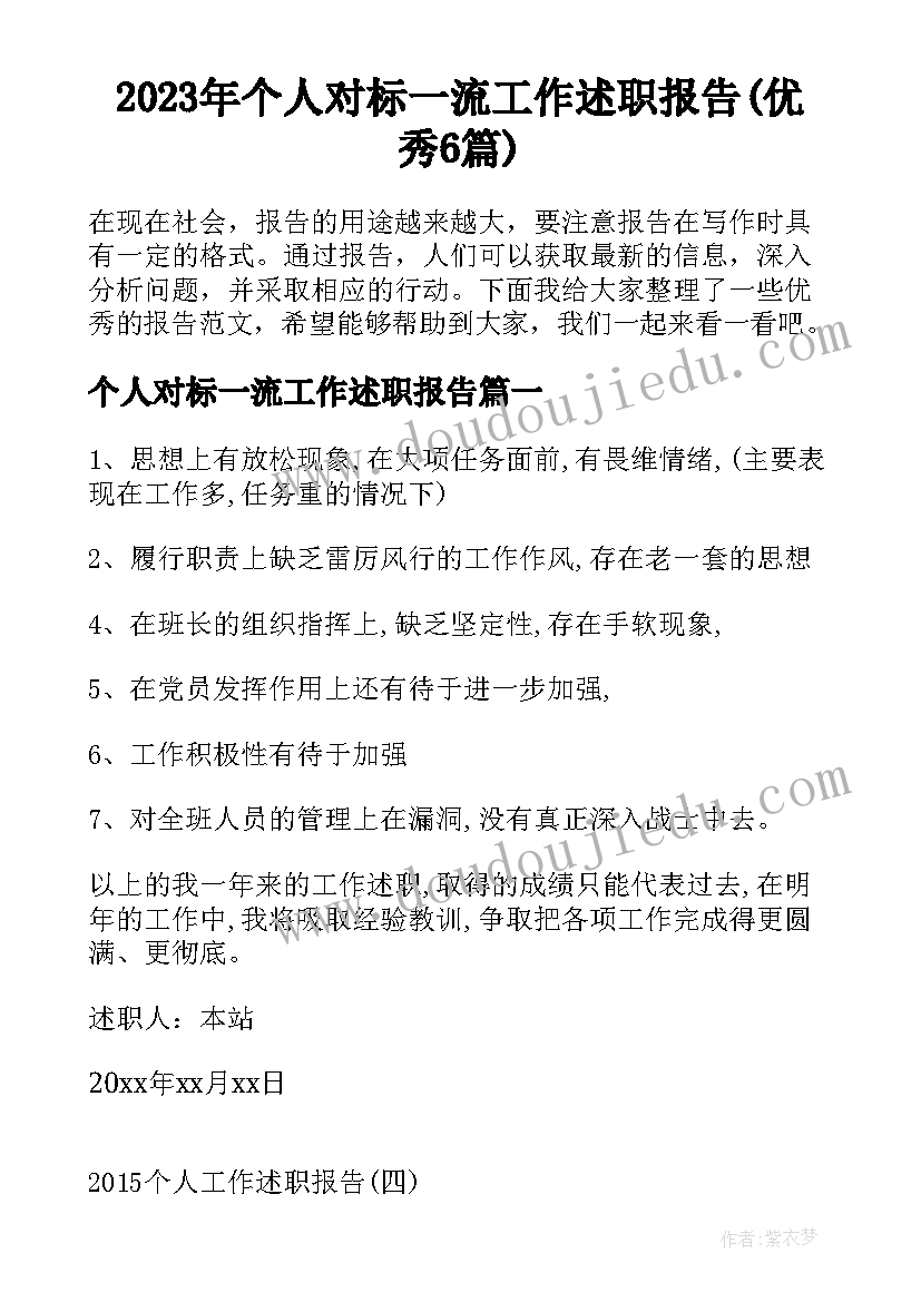 2023年个人对标一流工作述职报告(优秀6篇)