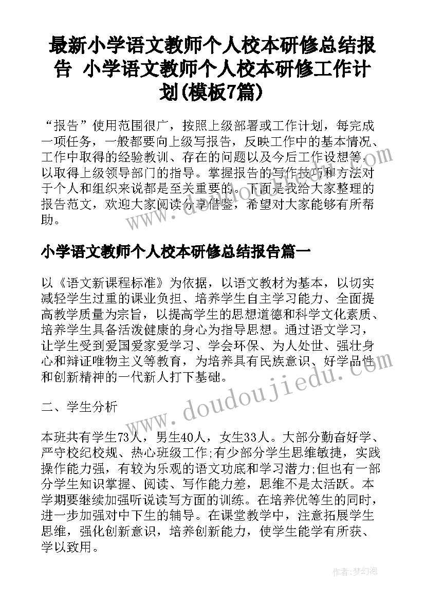 最新小学语文教师个人校本研修总结报告 小学语文教师个人校本研修工作计划(模板7篇)