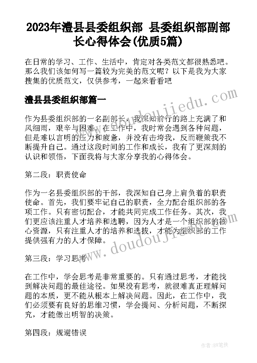 2023年澧县县委组织部 县委组织部副部长心得体会(优质5篇)