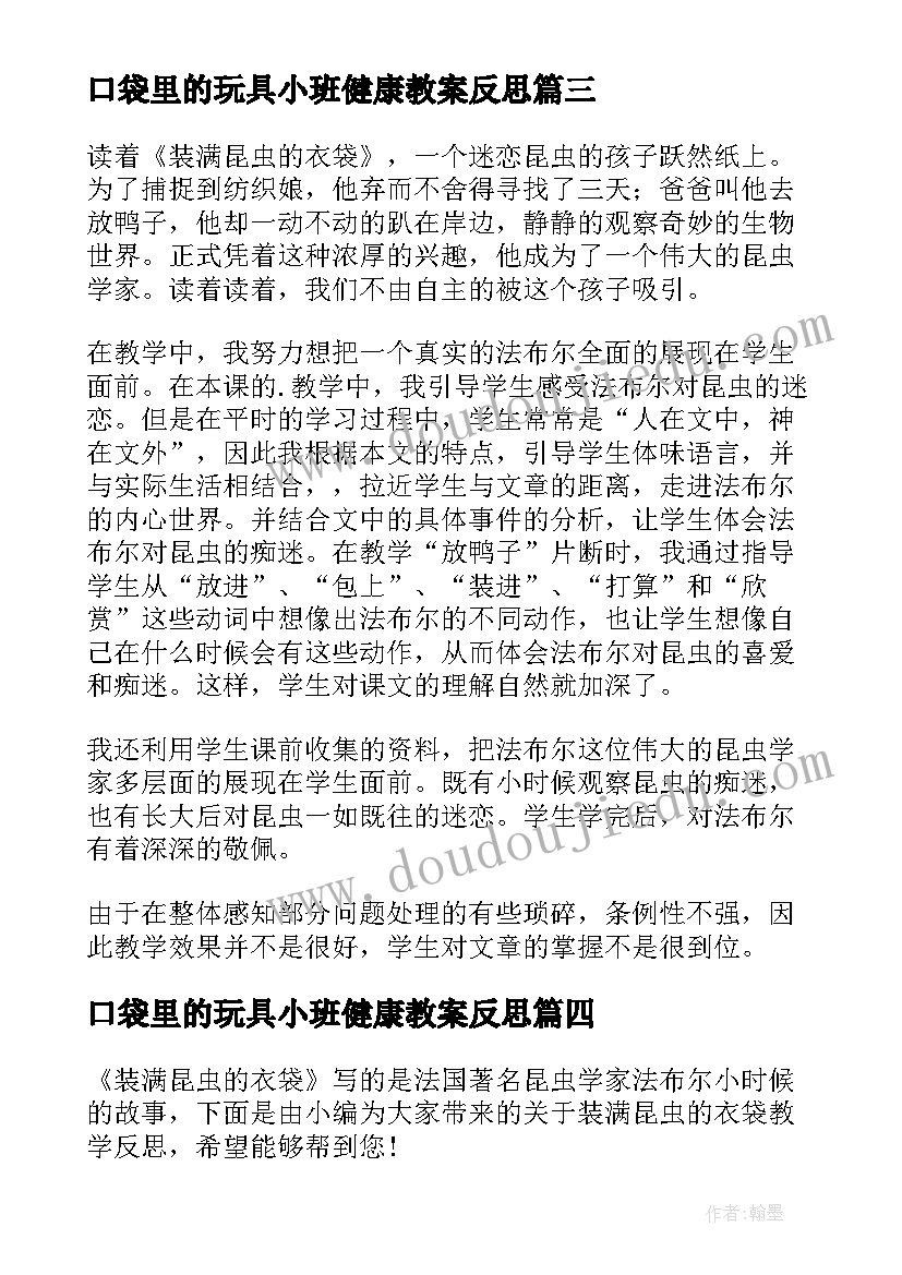 2023年口袋里的玩具小班健康教案反思 装满昆虫的衣袋教学反思(大全5篇)