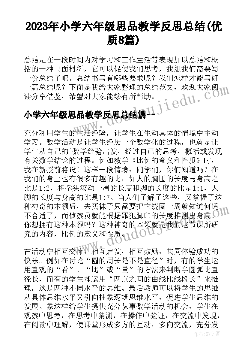 2023年小学六年级思品教学反思总结(优质8篇)