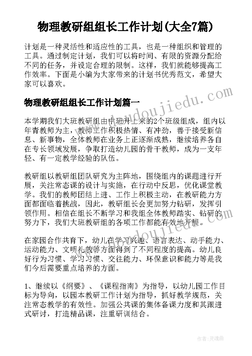 物理教研组组长工作计划(大全7篇)