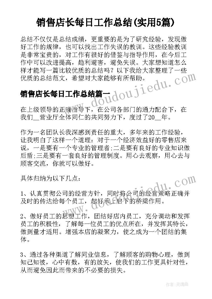 销售店长每日工作总结(实用5篇)