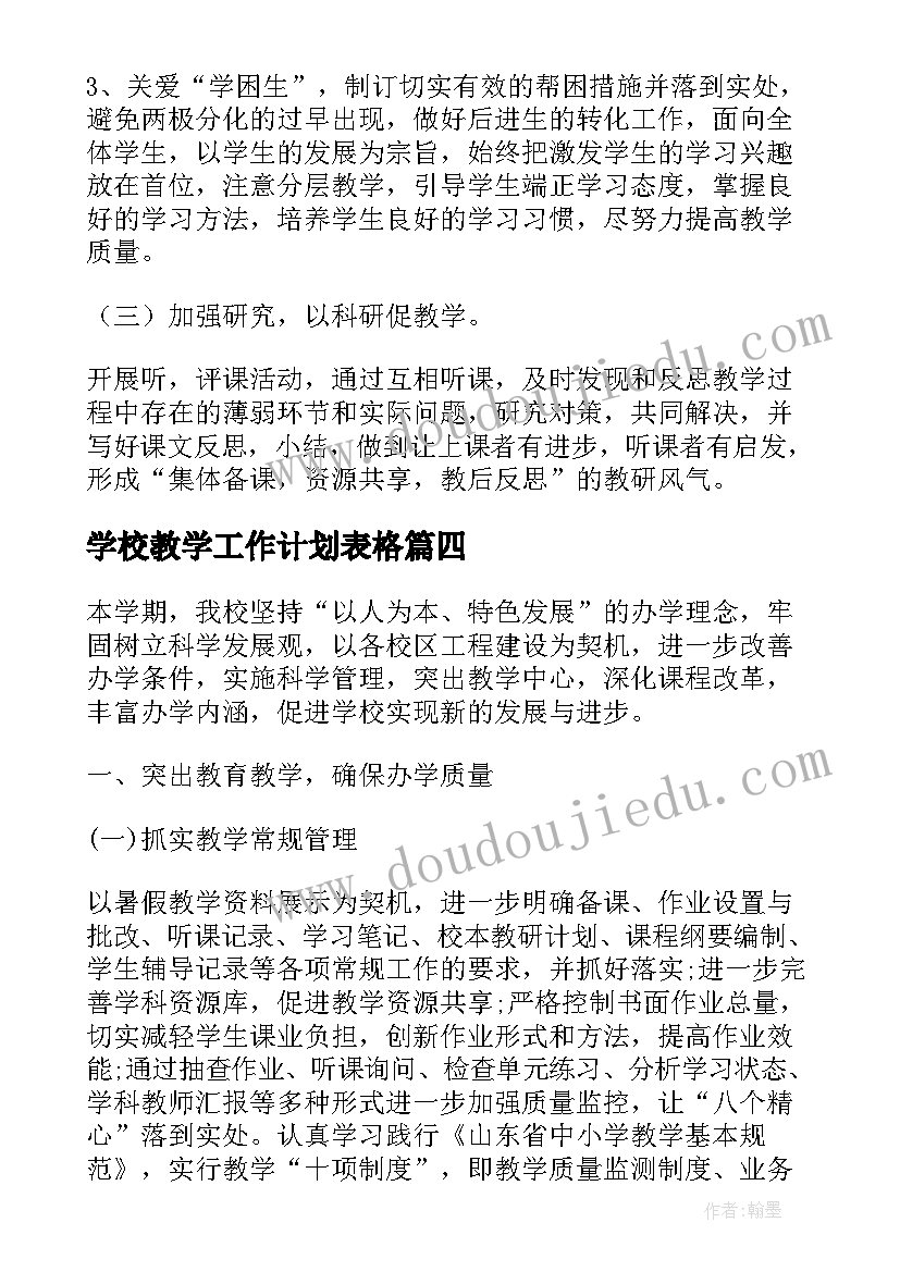 学校教学工作计划表格(模板5篇)