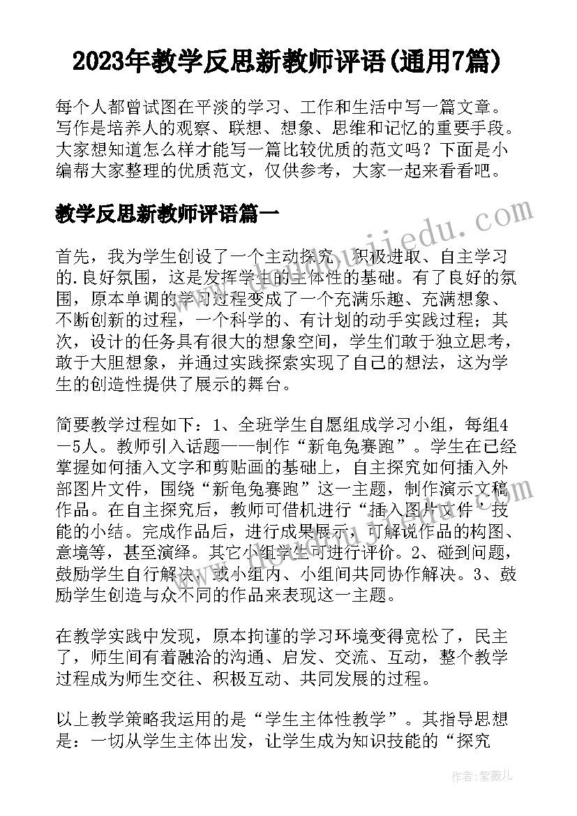 2023年教学反思新教师评语(通用7篇)