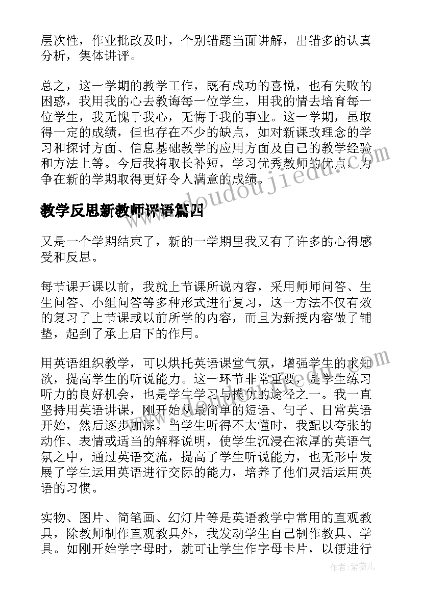 2023年教学反思新教师评语(通用7篇)