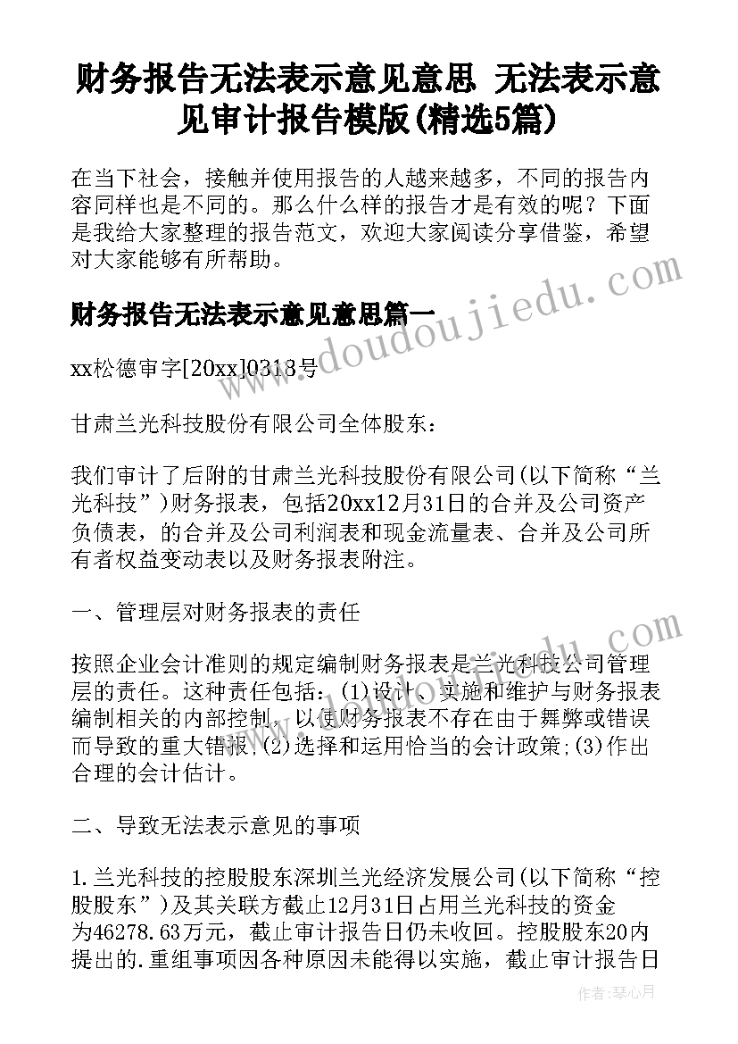 财务报告无法表示意见意思 无法表示意见审计报告模版(精选5篇)