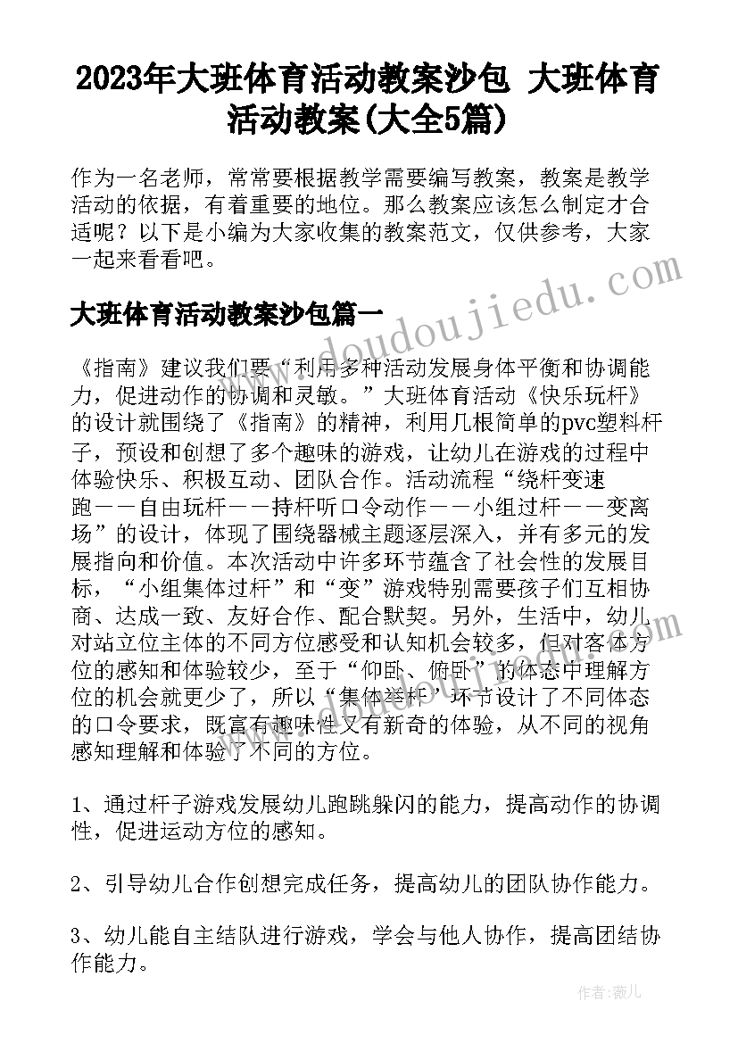 2023年大班体育活动教案沙包 大班体育活动教案(大全5篇)