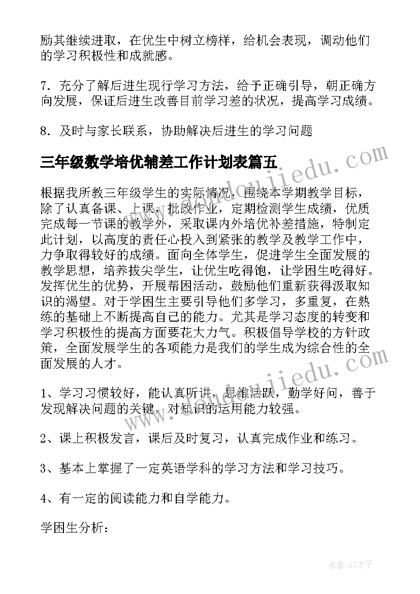 2023年三年级数学培优辅差工作计划表(汇总10篇)