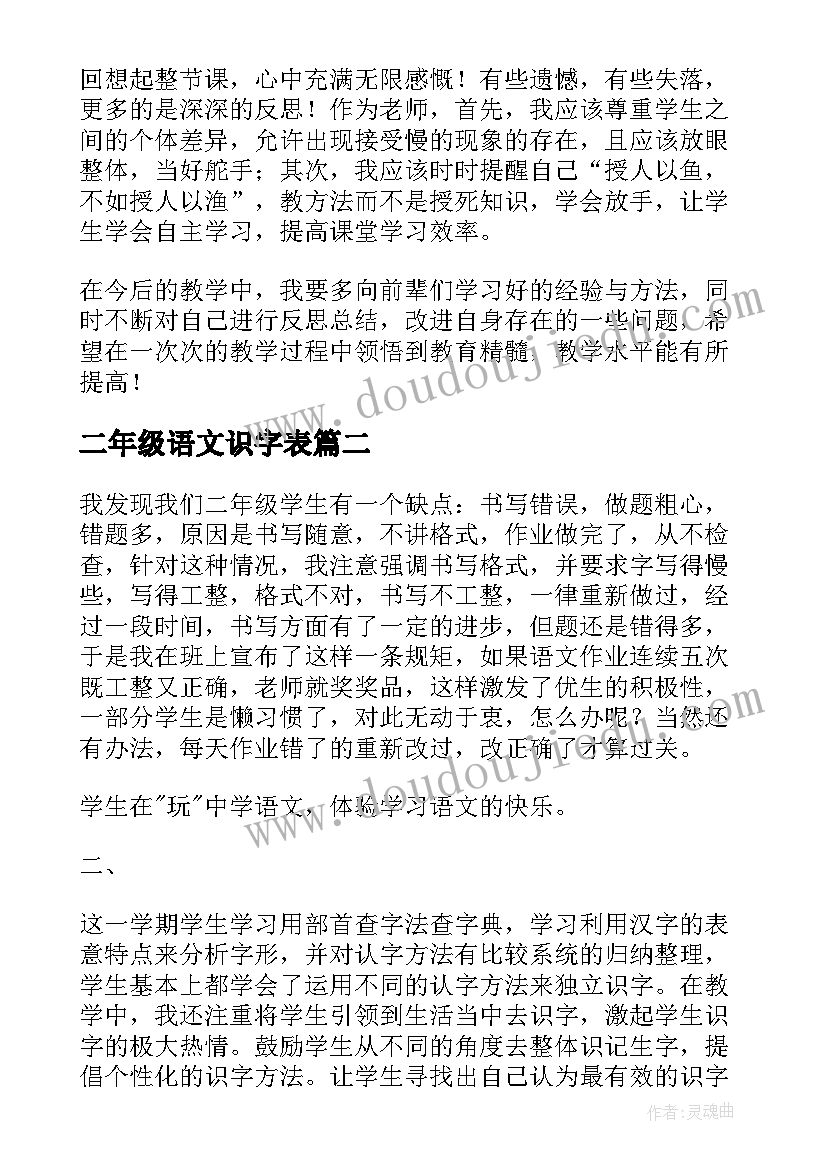 二年级语文识字表 二年级识字教学反思(实用8篇)