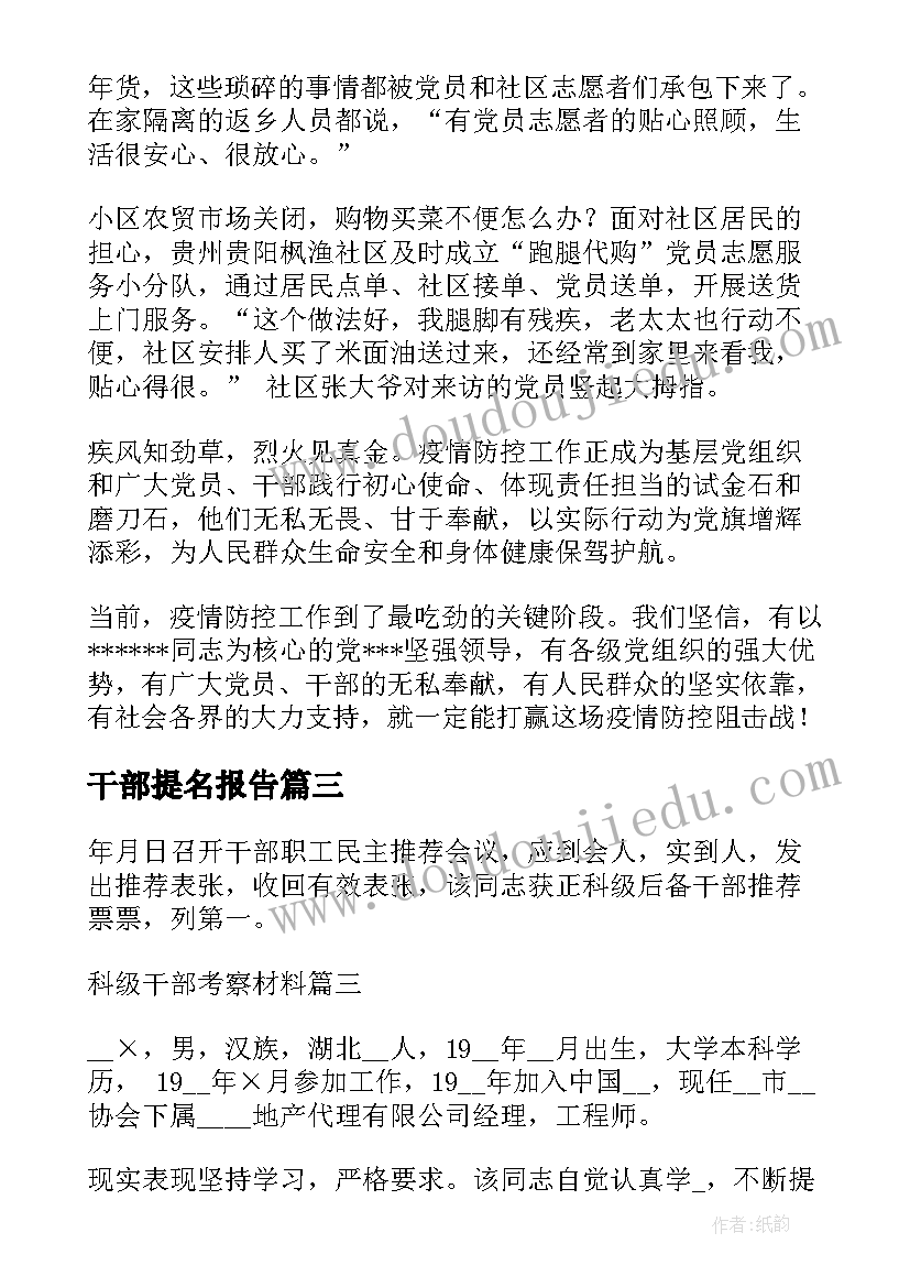 2023年干部提名报告 干部提拔考察材料(优秀8篇)