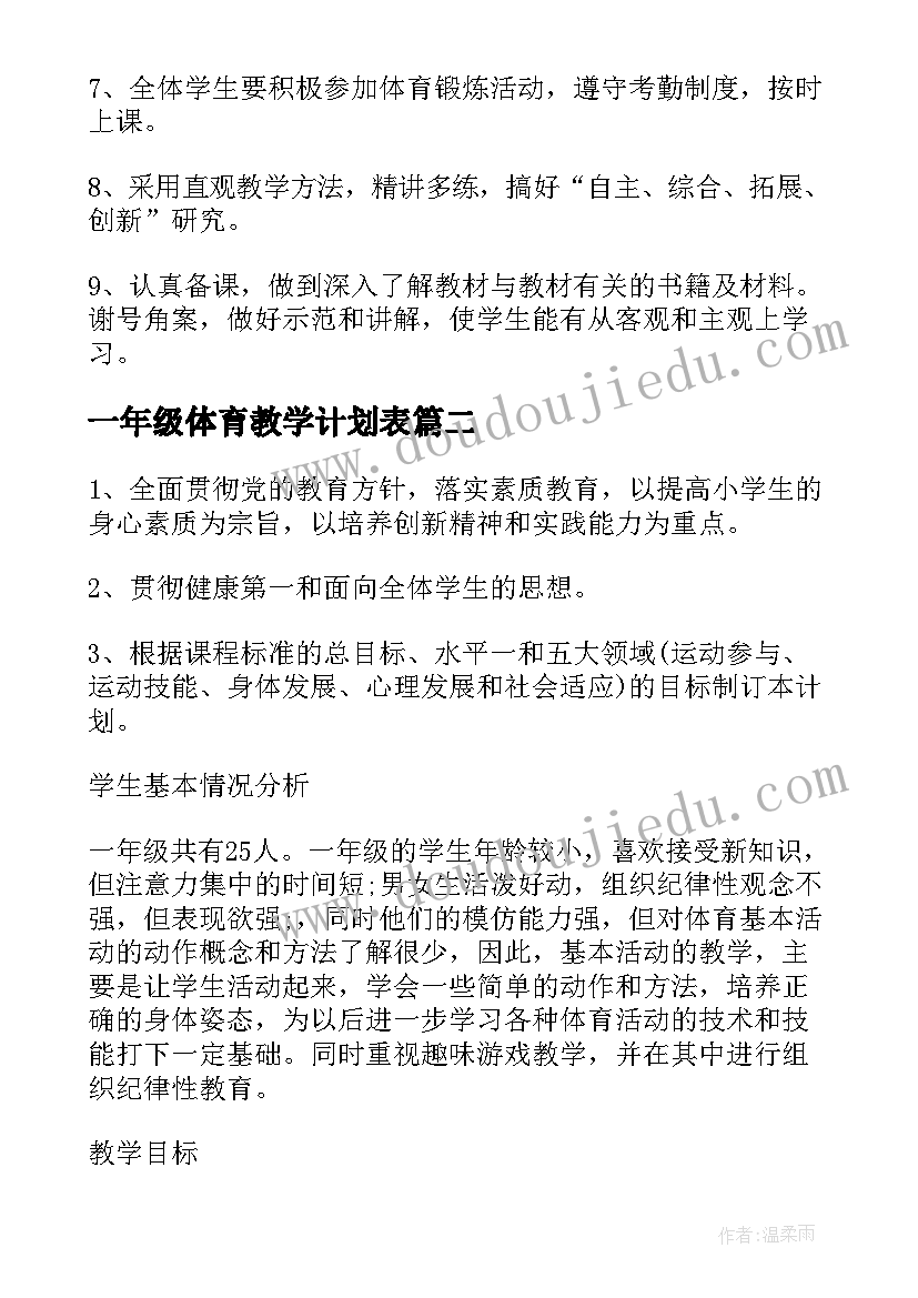 2023年一年级体育教学计划表 一年级体育教学计划(模板6篇)