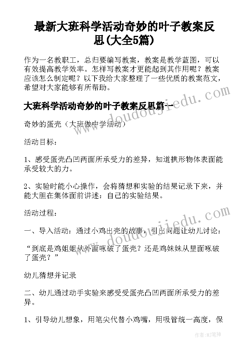 最新大班科学活动奇妙的叶子教案反思(大全5篇)