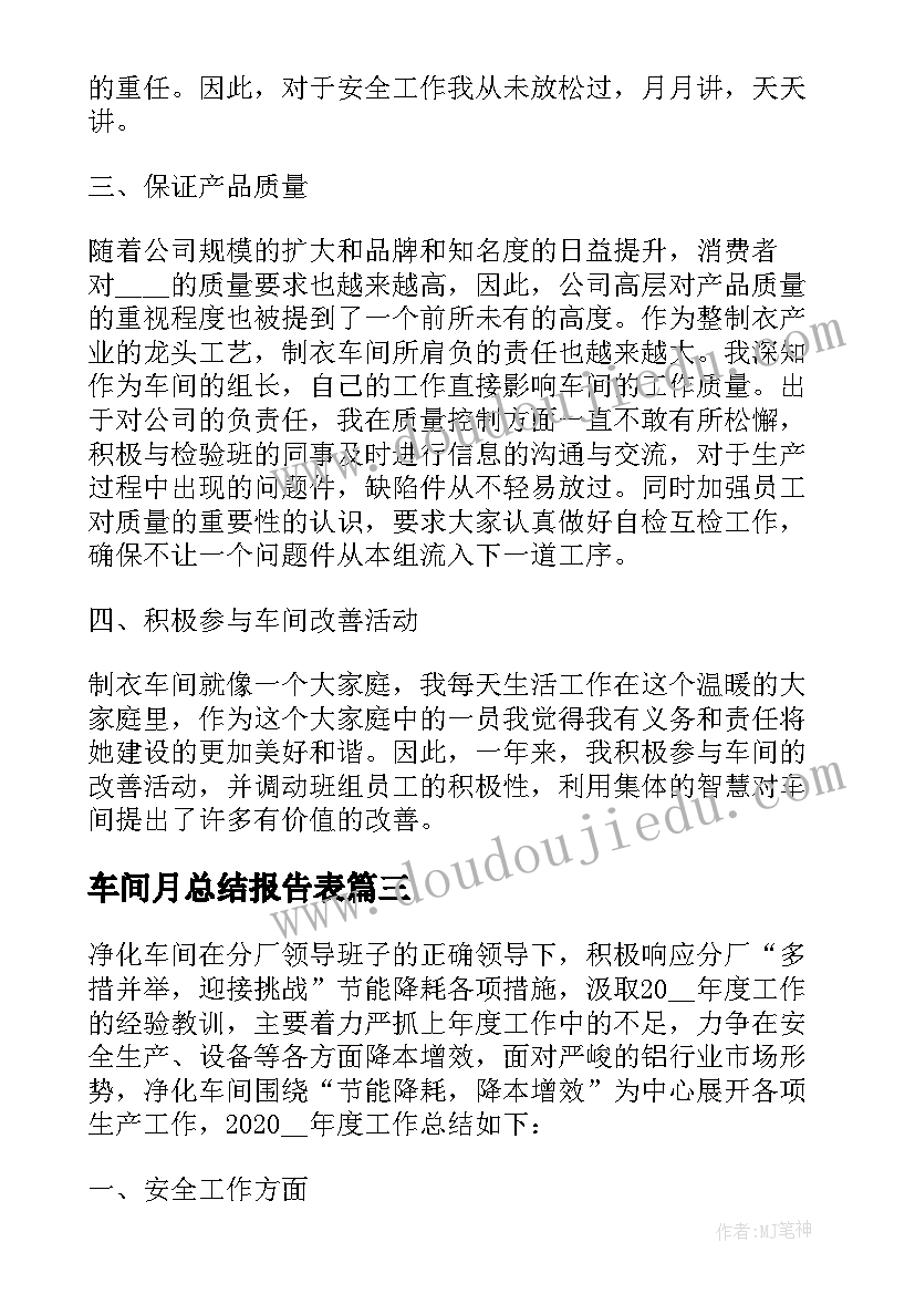 车间月总结报告表(模板6篇)