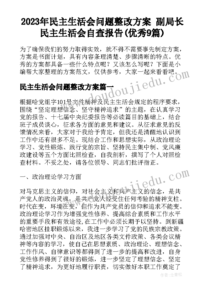 2023年民主生活会问题整改方案 副局长民主生活会自查报告(优秀9篇)