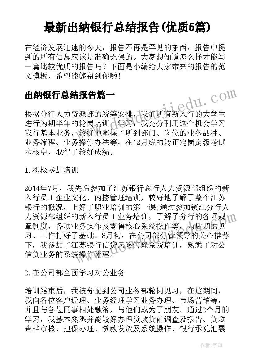 最新出纳银行总结报告(优质5篇)