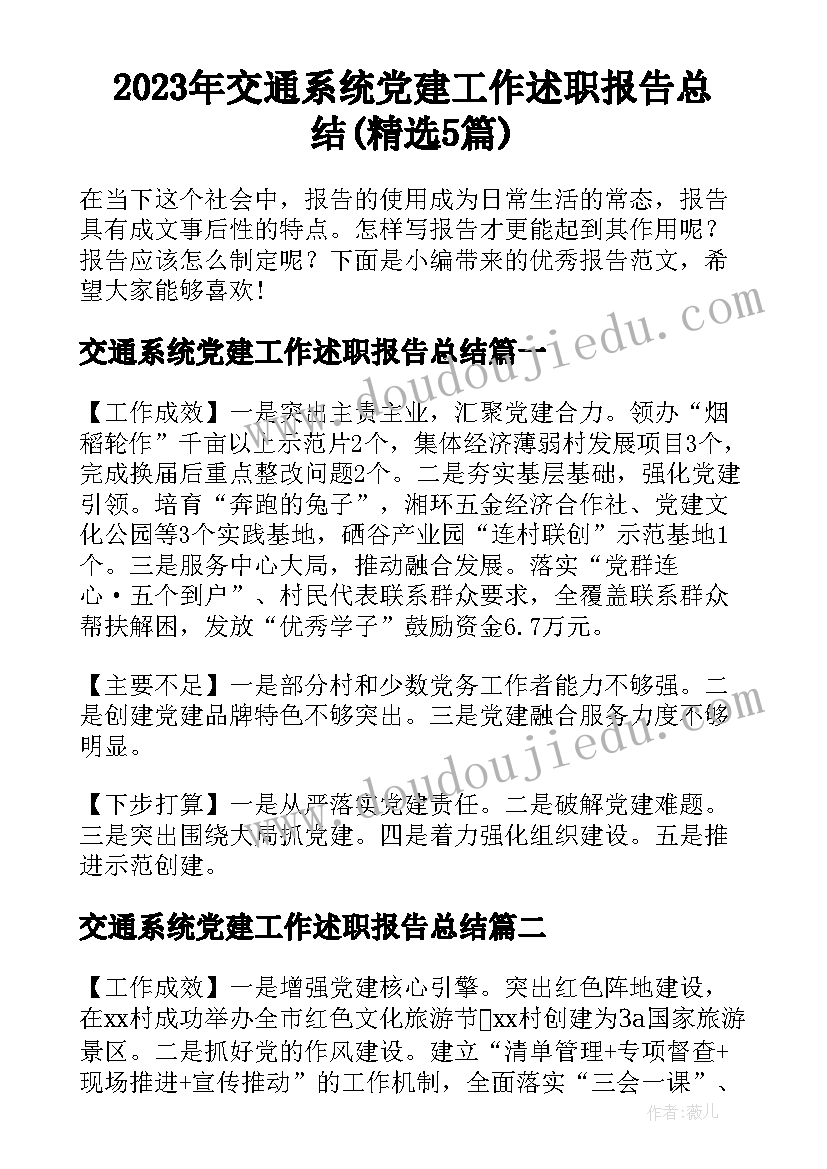 2023年交通系统党建工作述职报告总结(精选5篇)