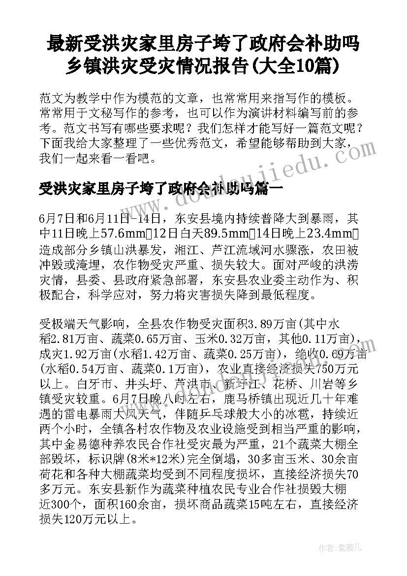 最新受洪灾家里房子垮了政府会补助吗 乡镇洪灾受灾情况报告(大全10篇)