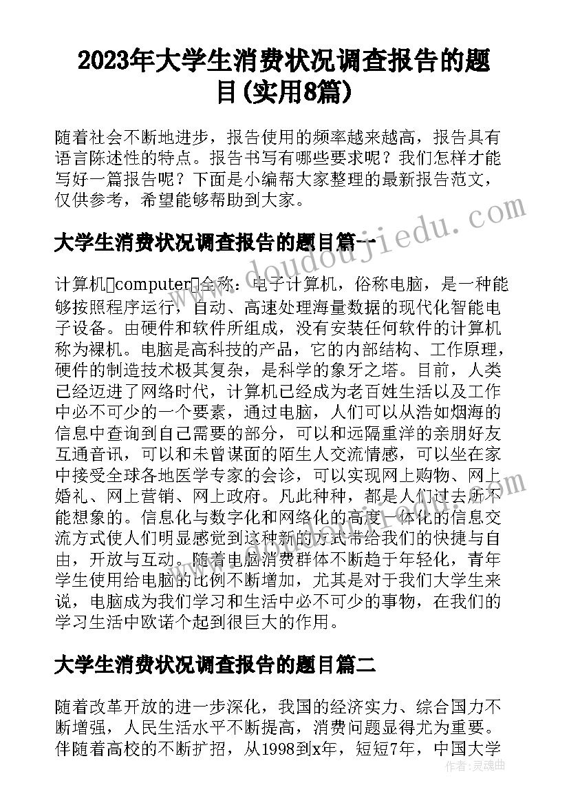 2023年大学生消费状况调查报告的题目(实用8篇)