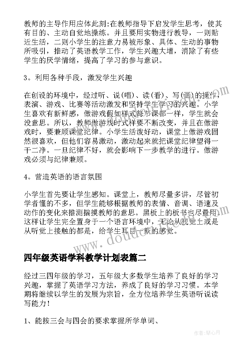 最新四年级英语学科教学计划表 三年级英语学科课堂教学计划(汇总5篇)