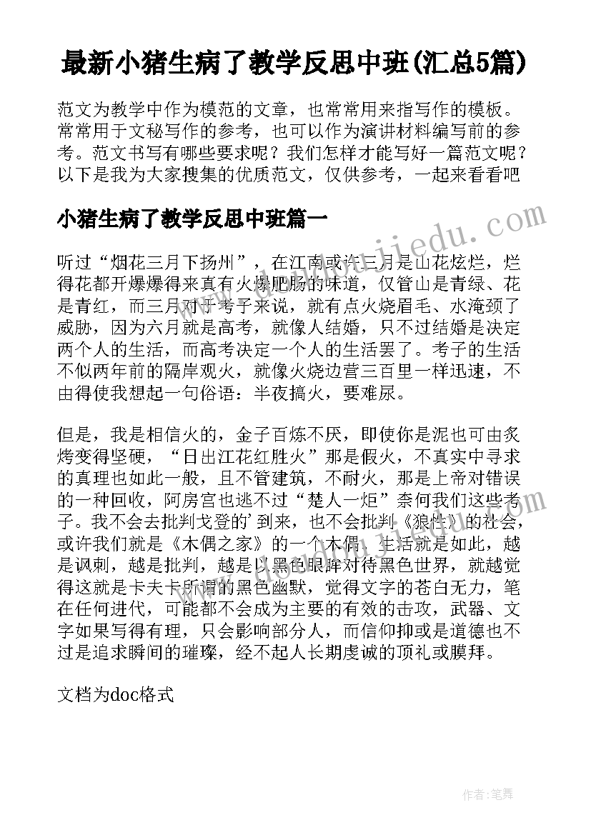 最新小猪生病了教学反思中班(汇总5篇)