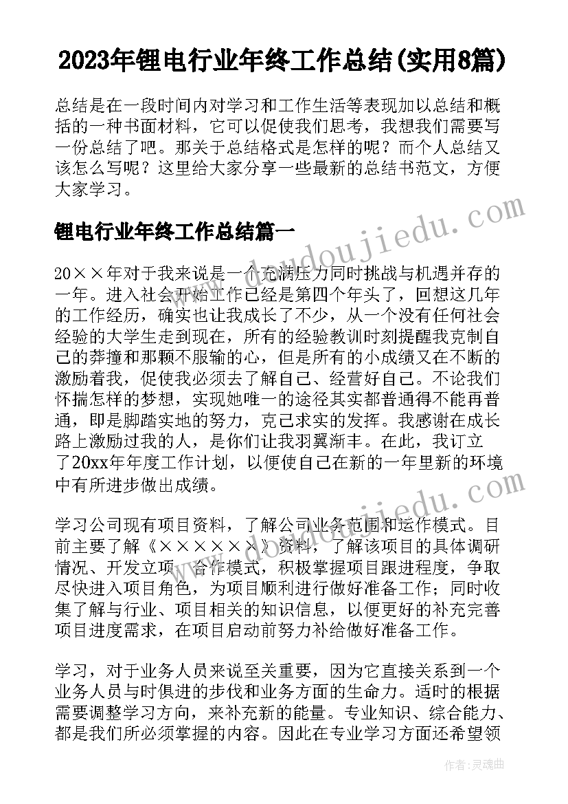 2023年锂电行业年终工作总结(实用8篇)