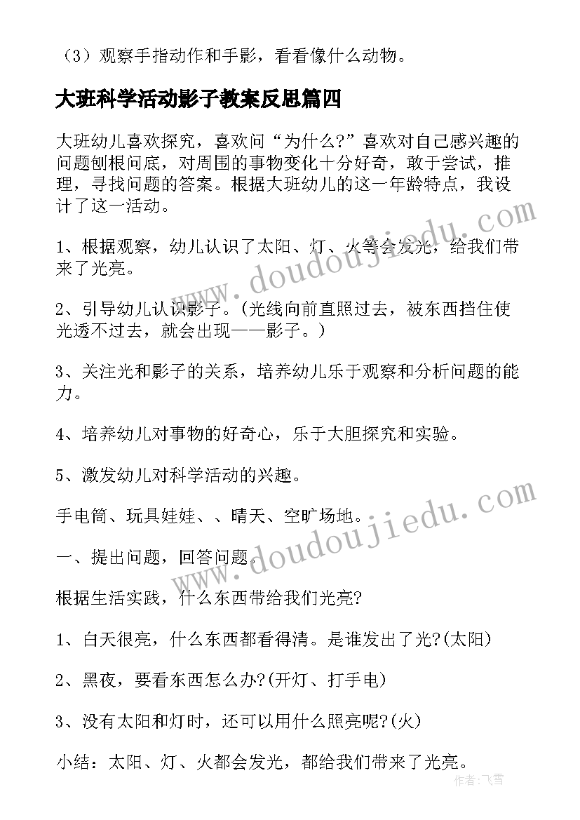 最新大班科学活动影子教案反思 大班科学活动影子教案(模板6篇)