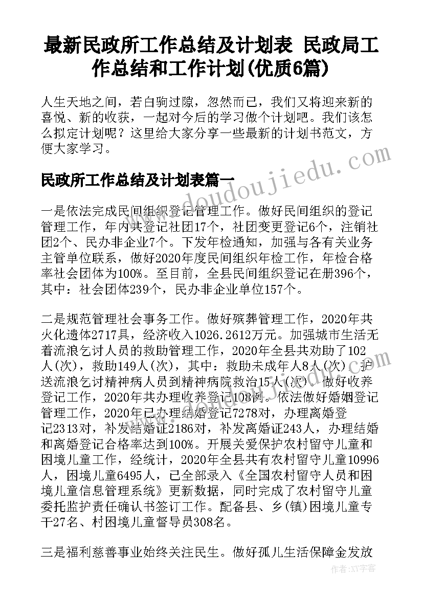 最新民政所工作总结及计划表 民政局工作总结和工作计划(优质6篇)