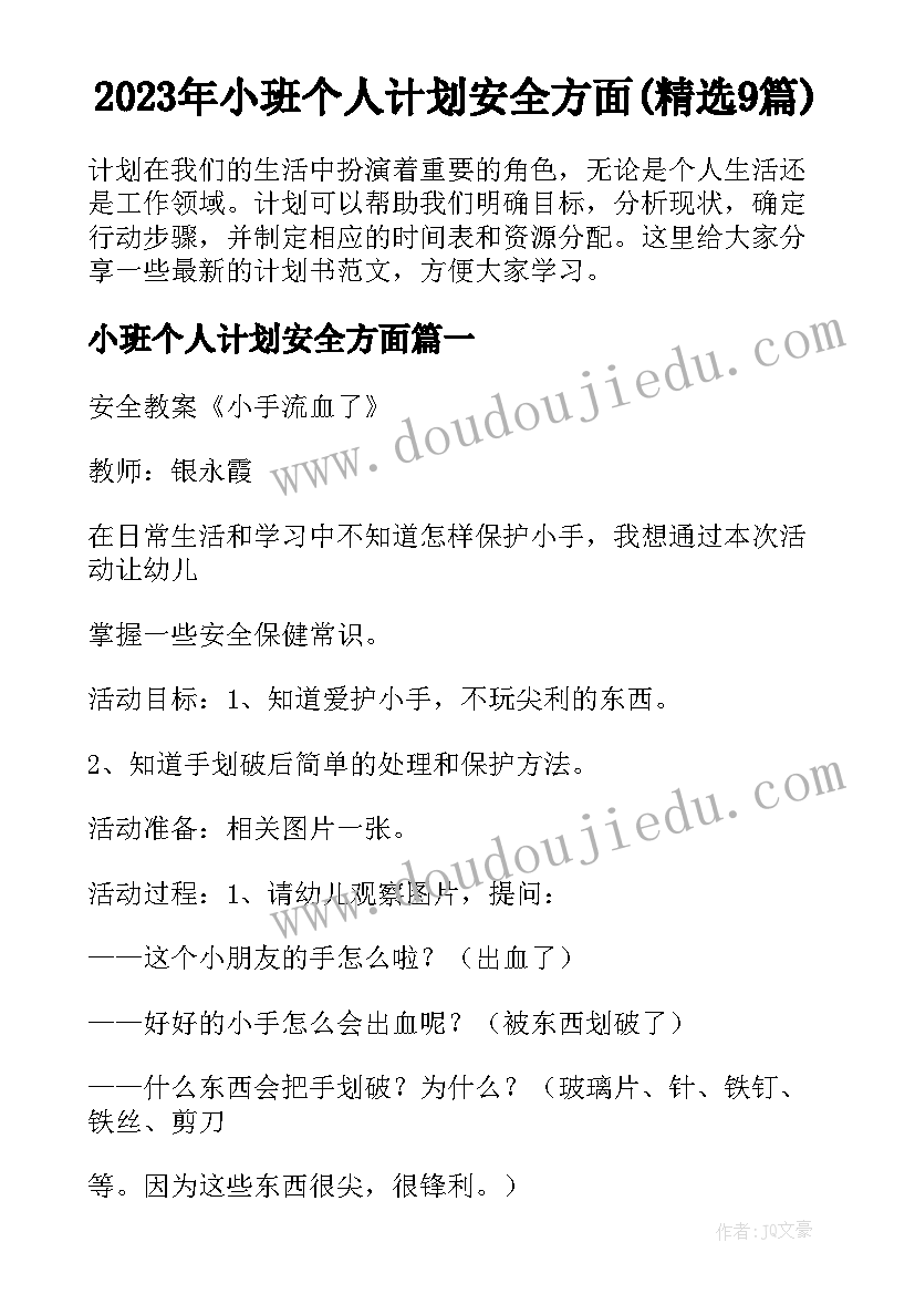 2023年小班个人计划安全方面(精选9篇)