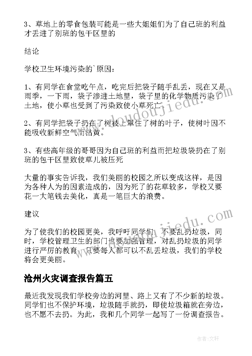 最新沧州火灾调查报告 环境卫生的调查报告(汇总5篇)