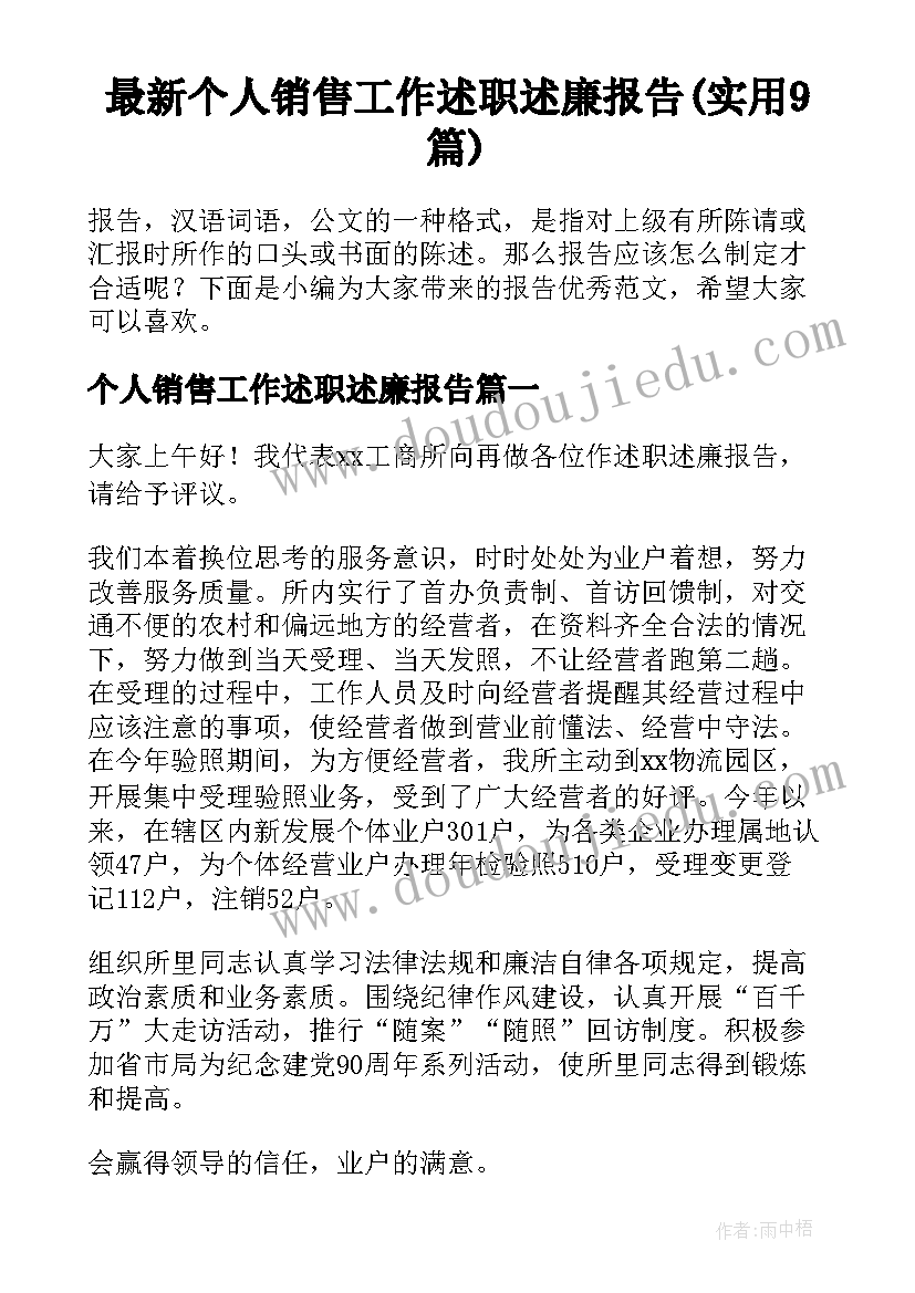 最新个人销售工作述职述廉报告(实用9篇)