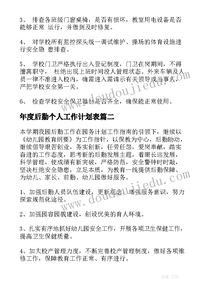 最新年度后勤个人工作计划表(模板7篇)