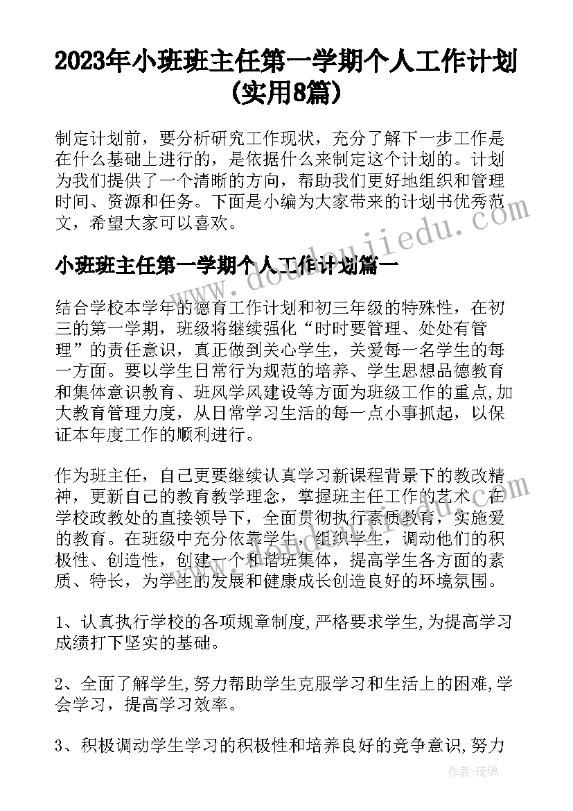 2023年小班班主任第一学期个人工作计划(实用8篇)