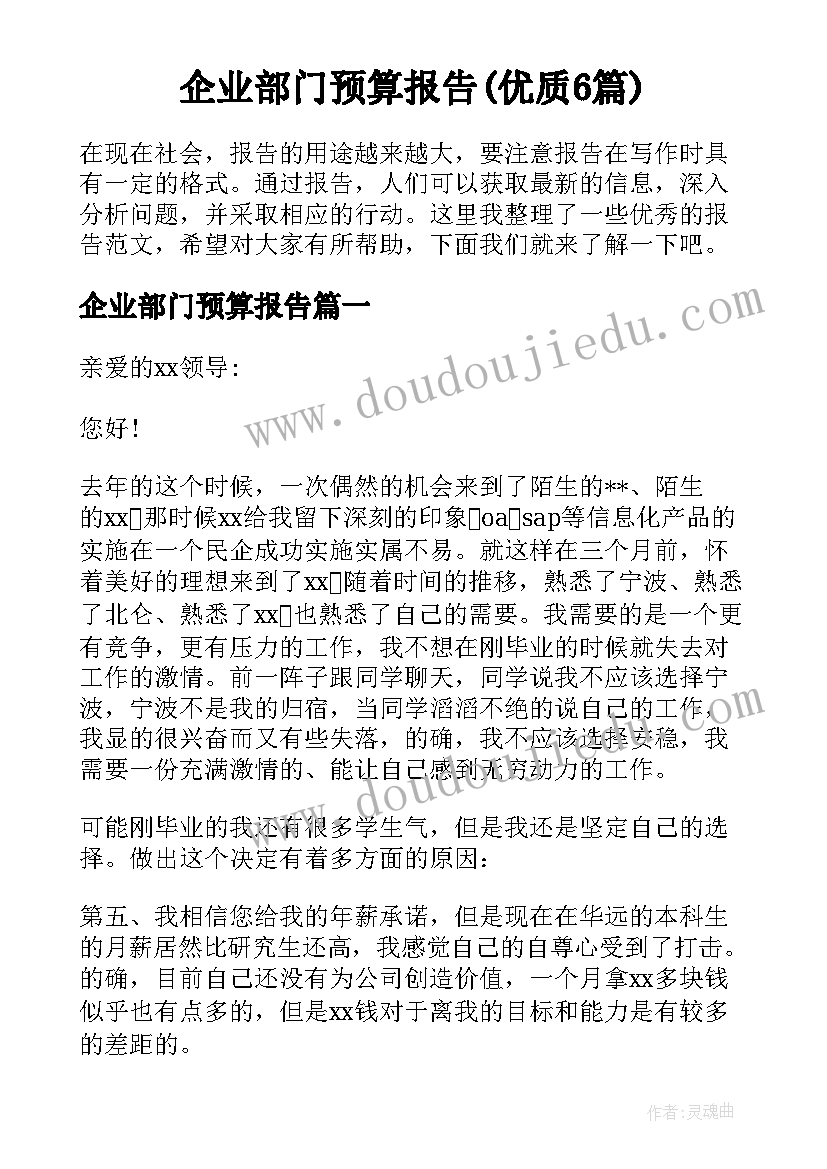 企业部门预算报告(优质6篇)