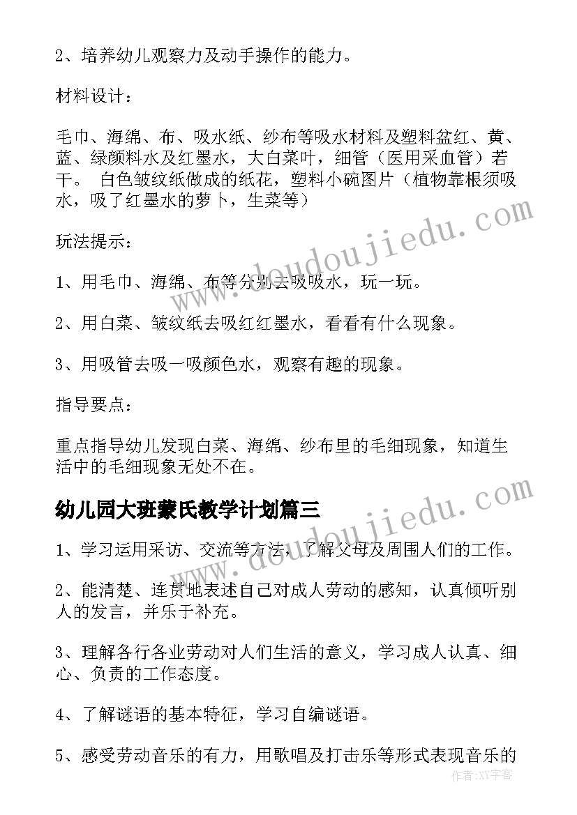 最新幼儿园大班蒙氏教学计划(精选10篇)