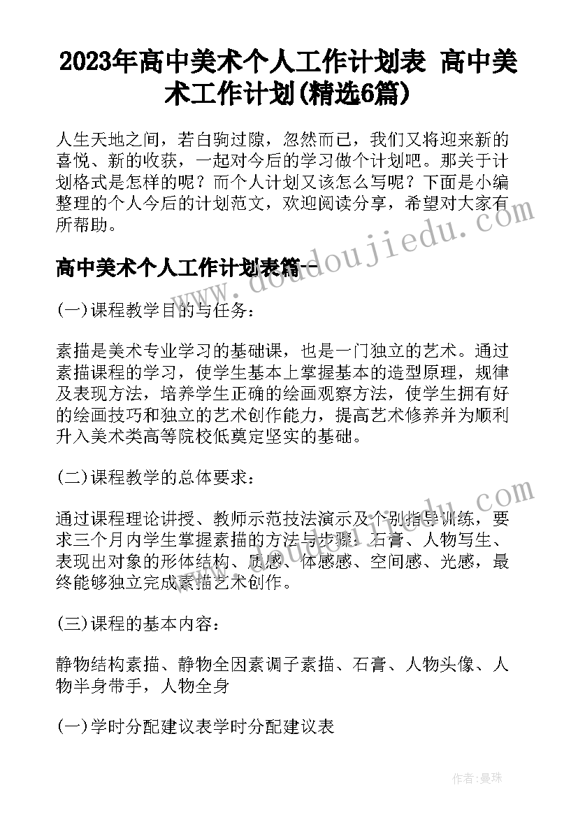 2023年高中美术个人工作计划表 高中美术工作计划(精选6篇)