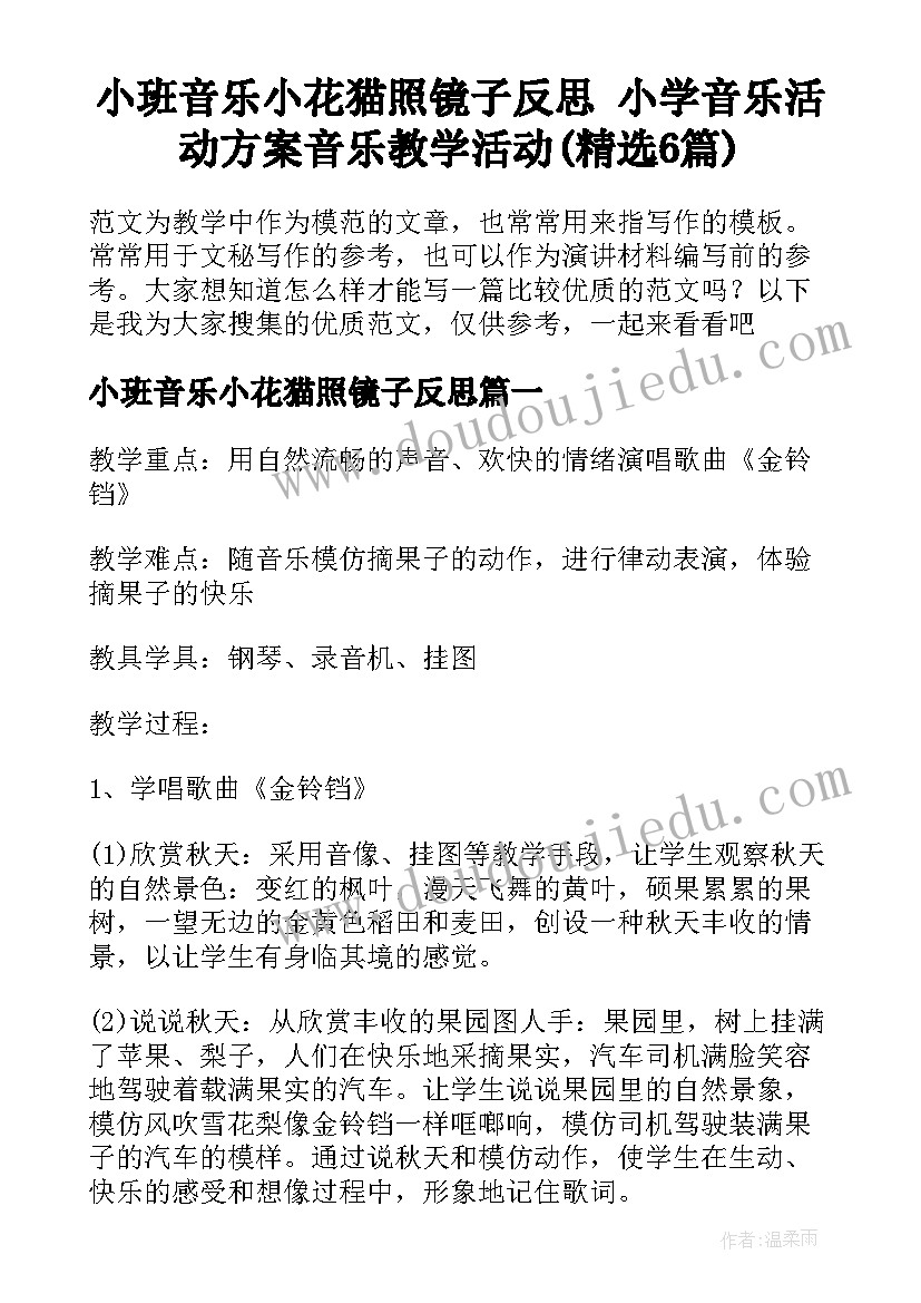 小班音乐小花猫照镜子反思 小学音乐活动方案音乐教学活动(精选6篇)