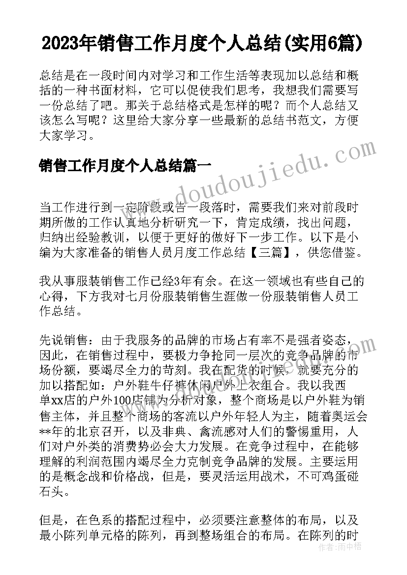 2023年销售工作月度个人总结(实用6篇)