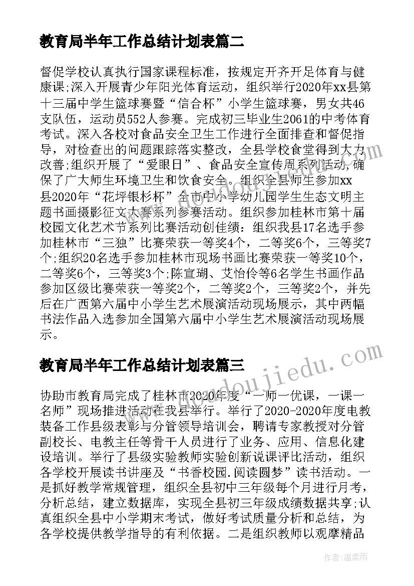 最新教育局半年工作总结计划表(精选5篇)