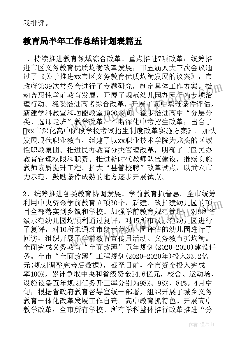 最新教育局半年工作总结计划表(精选5篇)