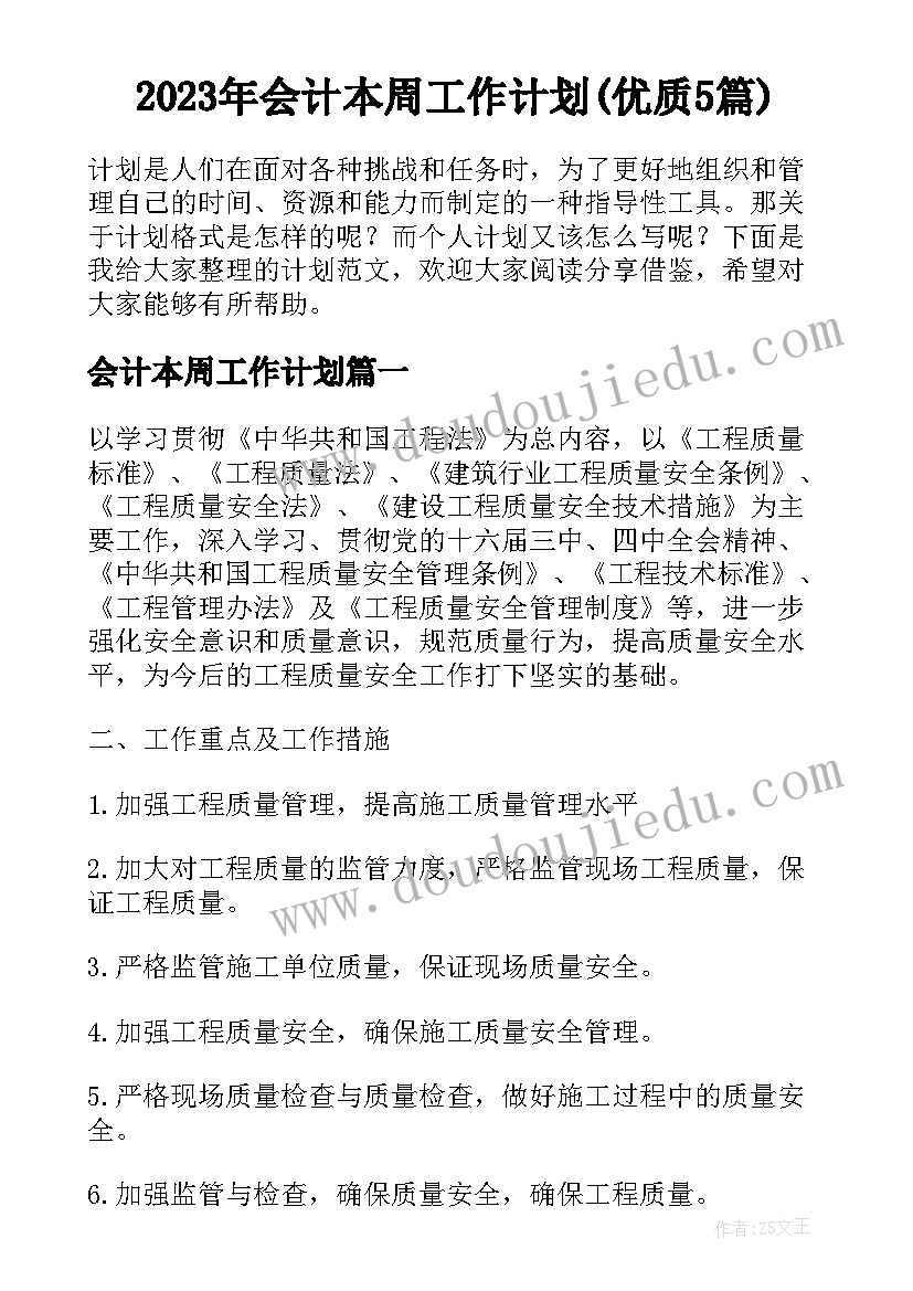 2023年会计本周工作计划(优质5篇)